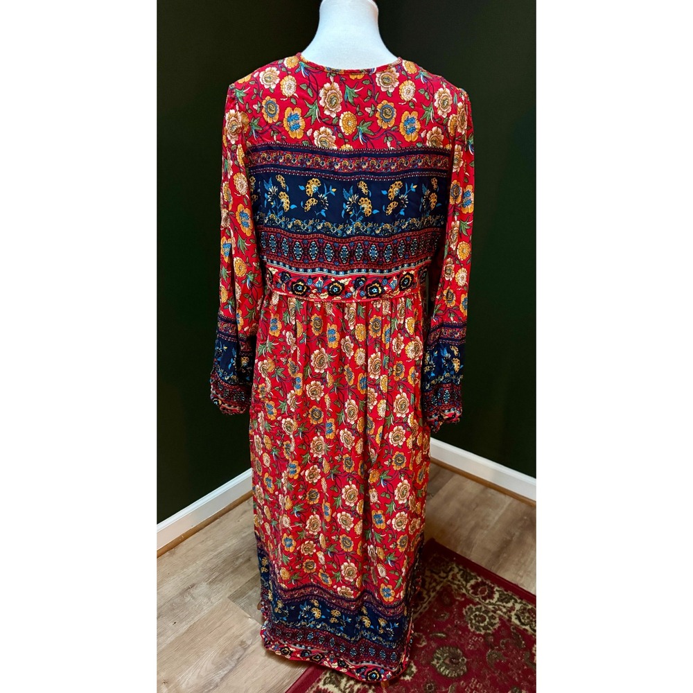 R Vivimos Red Floral Bohemian Hippie Cottagecore Long Sleeve Maxi Dress Med - Picture 2 of 8